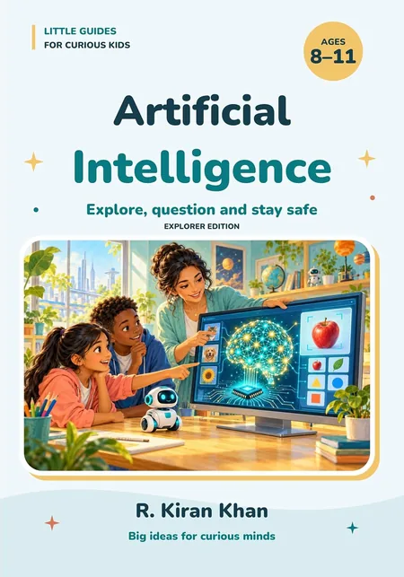 Cover of Artificial Intelligence, Explorer Edition: two children and a teacher pointing at a screen showing a glowing brain, with a small robot on the desk