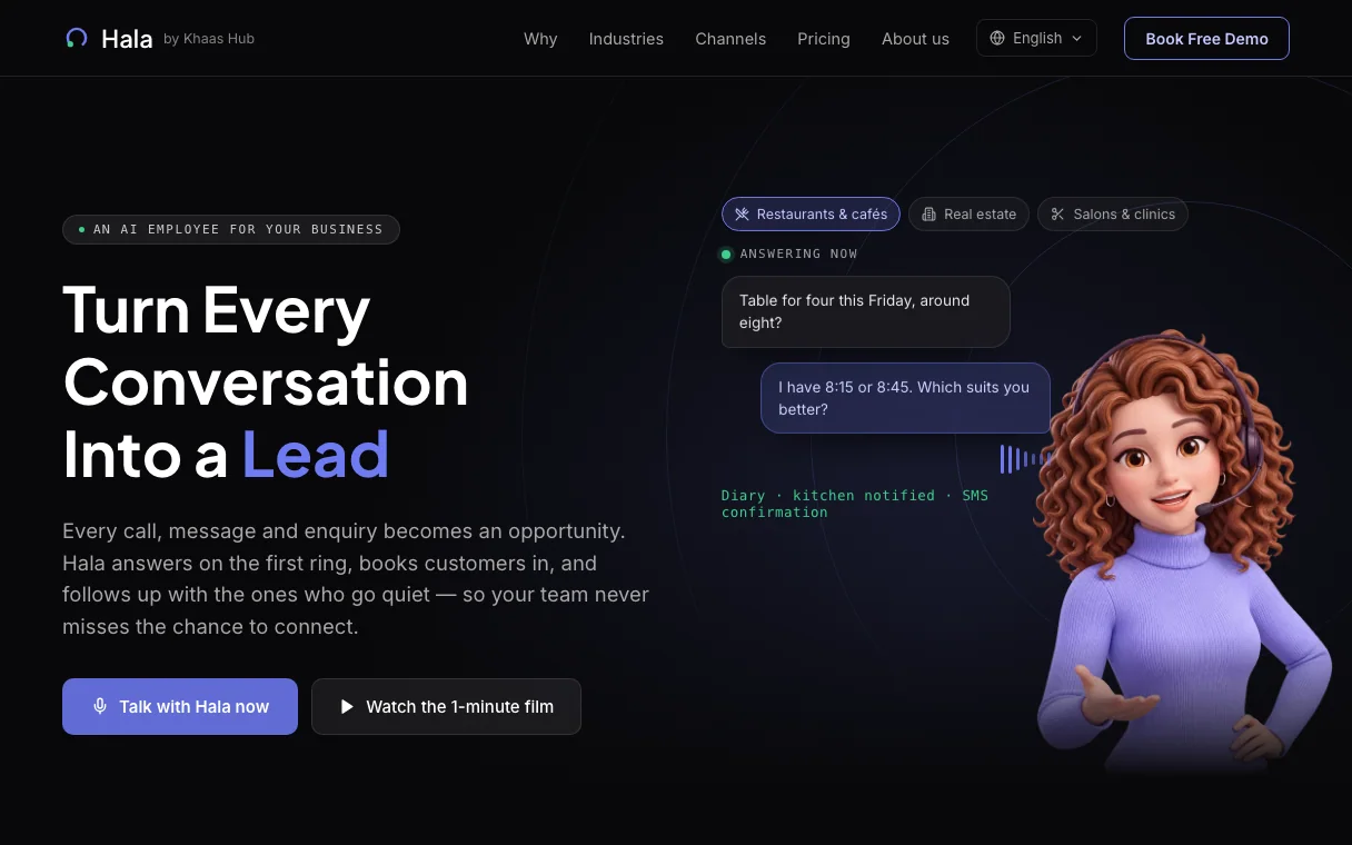 Hala home page: “Turn every conversation into a lead” beside a live chat booking a table and Hala’s illustrated avatar