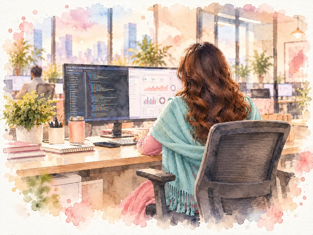 Watercolour of Kirán from behind at an office desk, a teal shawl over her shoulders, working on code and a dashboard across a wide monitor with a city skyline through the windows