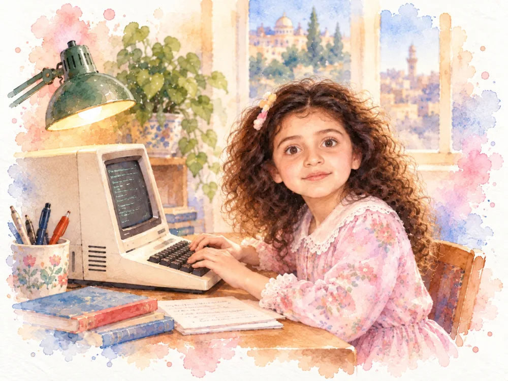 Watercolour of Kirán as a young child smiling at an early home computer, with books, pens and a desk lamp beside her and a city skyline through the window