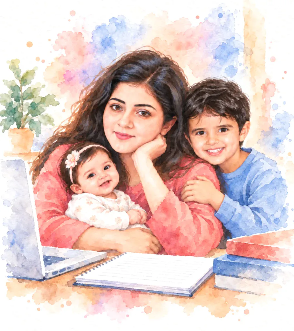 Watercolour of Kirán at a desk with a laptop and notebook, her smiling baby daughter in her arms and her young son leaning on her shoulder