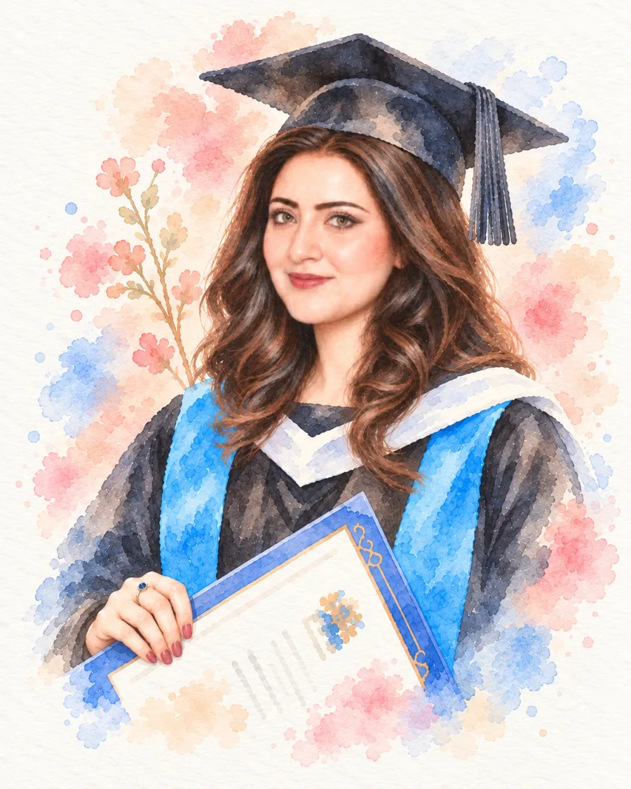 Watercolour portrait of Kirán in a graduation cap and gown, holding her degree certificate, on a pink and blue wash with blossom sprigs