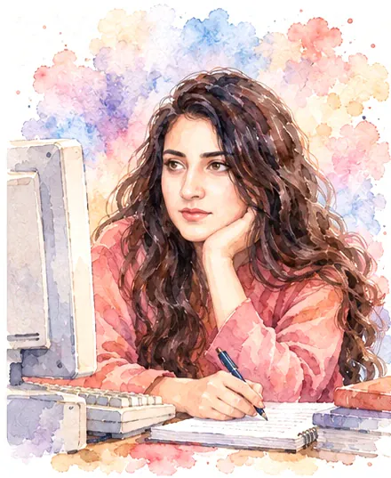 Watercolour of Kirán as a teenager at a desktop computer, chin on her hand, writing notes