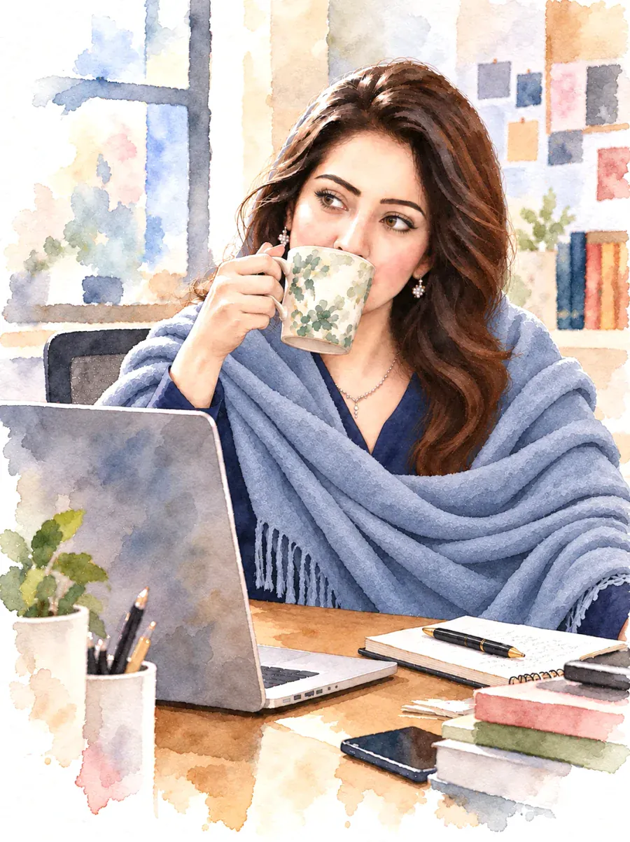 Watercolour of Kirán today wrapped in a blue shawl at her desk, drinking from a floral mug beside her laptop, with a window and pinboard behind her