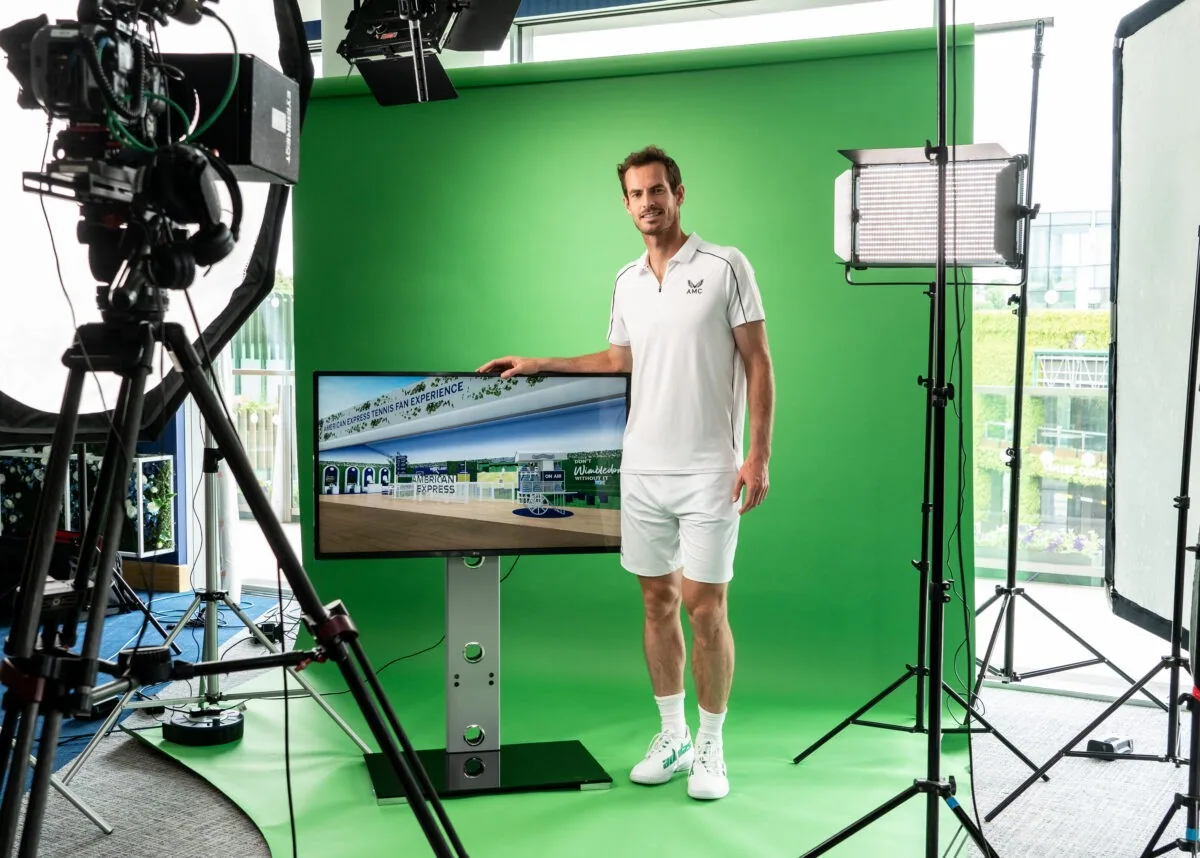 Andy Murray in a green-screen studio beside a camera, a monitor and studio lights
