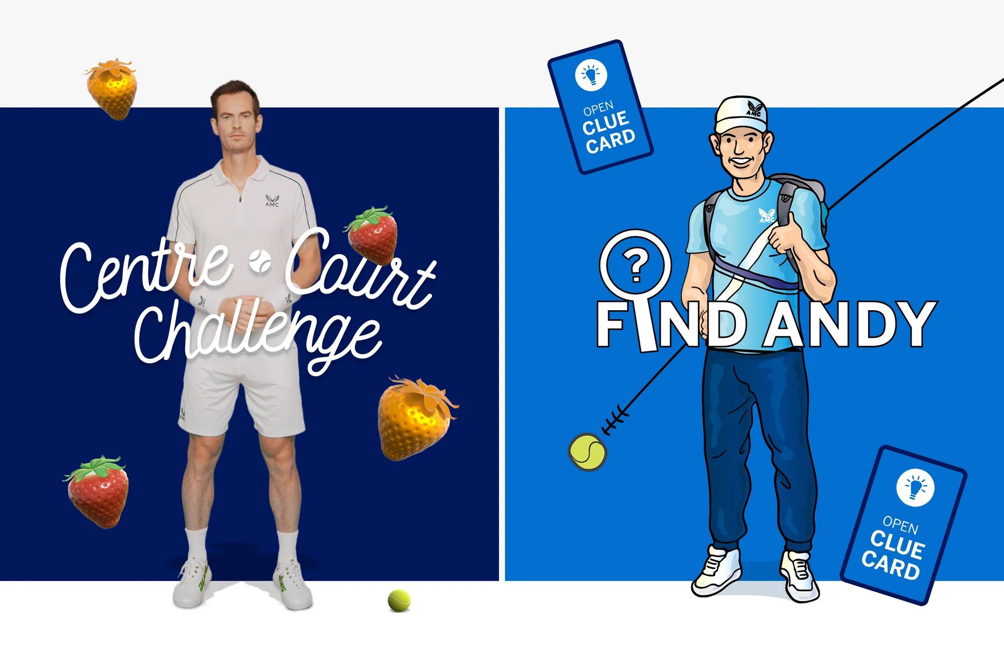 Key art for the two games: Andy Murray in whites among strawberries for Centre Court Challenge, and an illustrated Andy with a racket and clue card for Find Andy