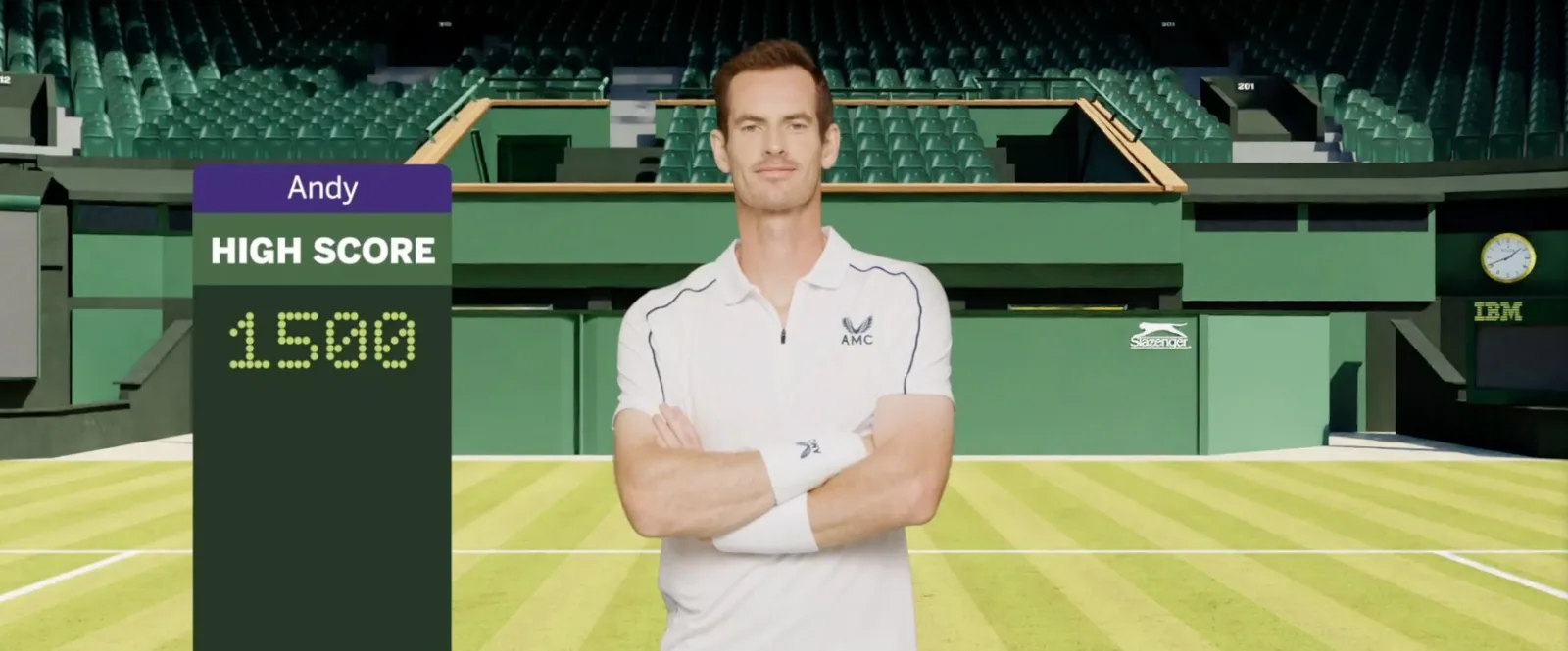 Game screen on Centre Court: Andy Murray with arms folded beside his high score of 1500