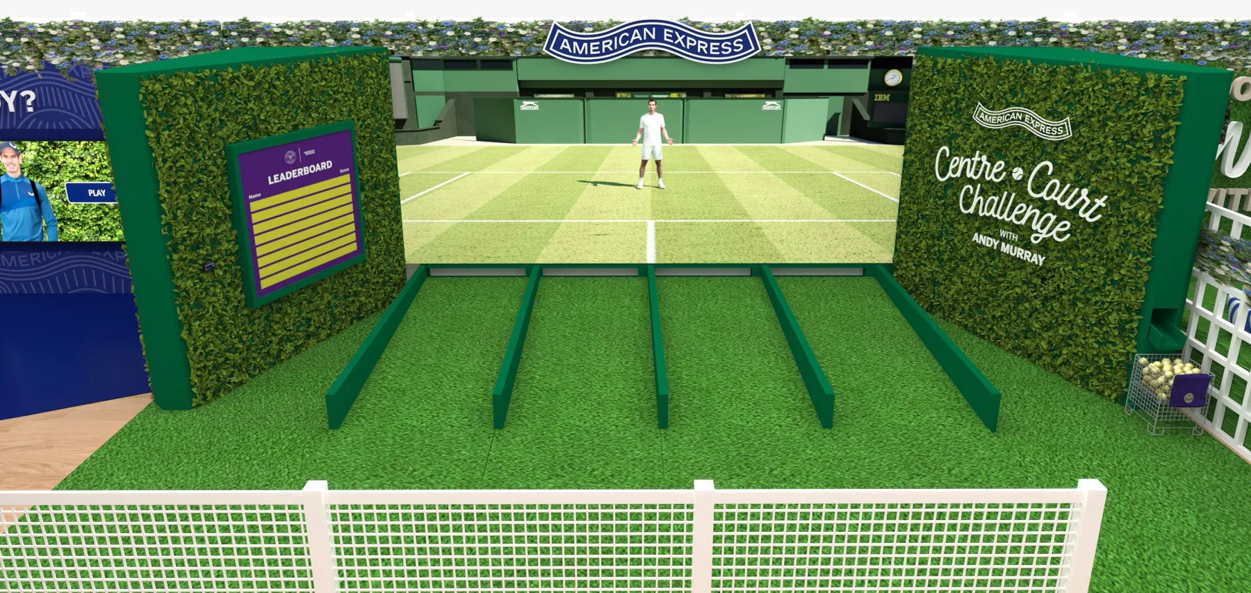 3D render of Centre Court Challenge: four turf lanes divided by low walls, leading to a wide screen of Centre Court, with a leaderboard on the hedge