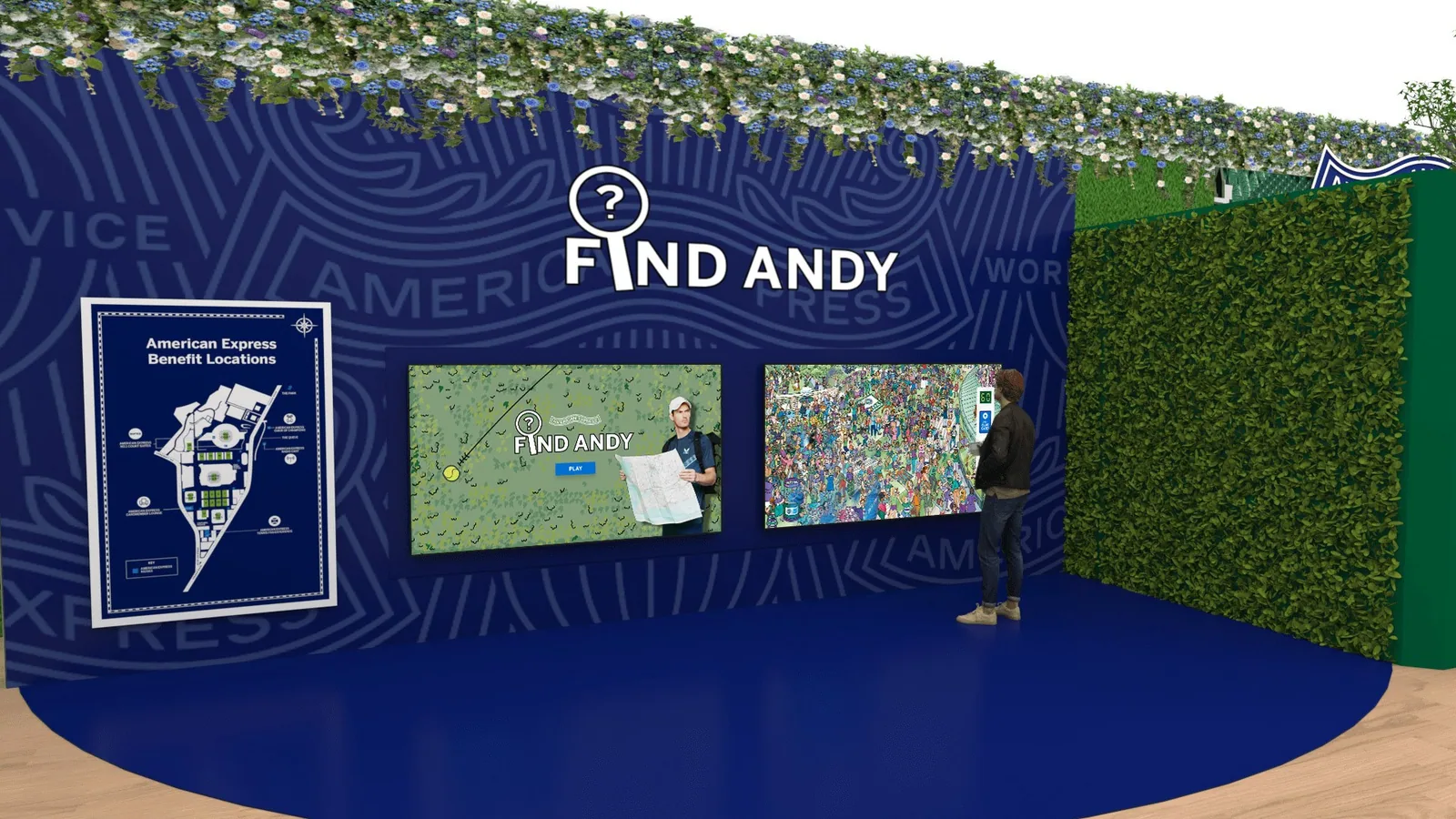 3D render of the Find Andy booth: a navy wall with the Find Andy logo, two touchscreens and a map of American Express benefit locations