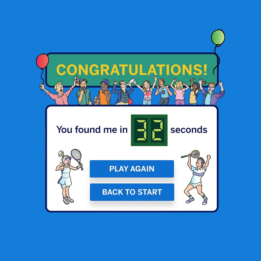 Congratulations screen: you found me in 32 seconds, with Play again and Back to start buttons