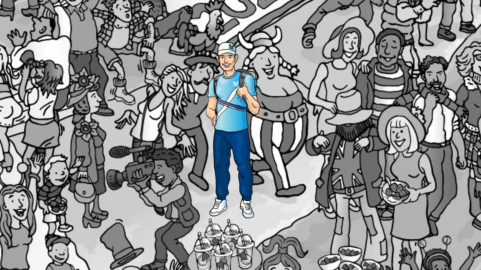Found state: the illustrated crowd turns to grey pencil while Andy stays in full colour