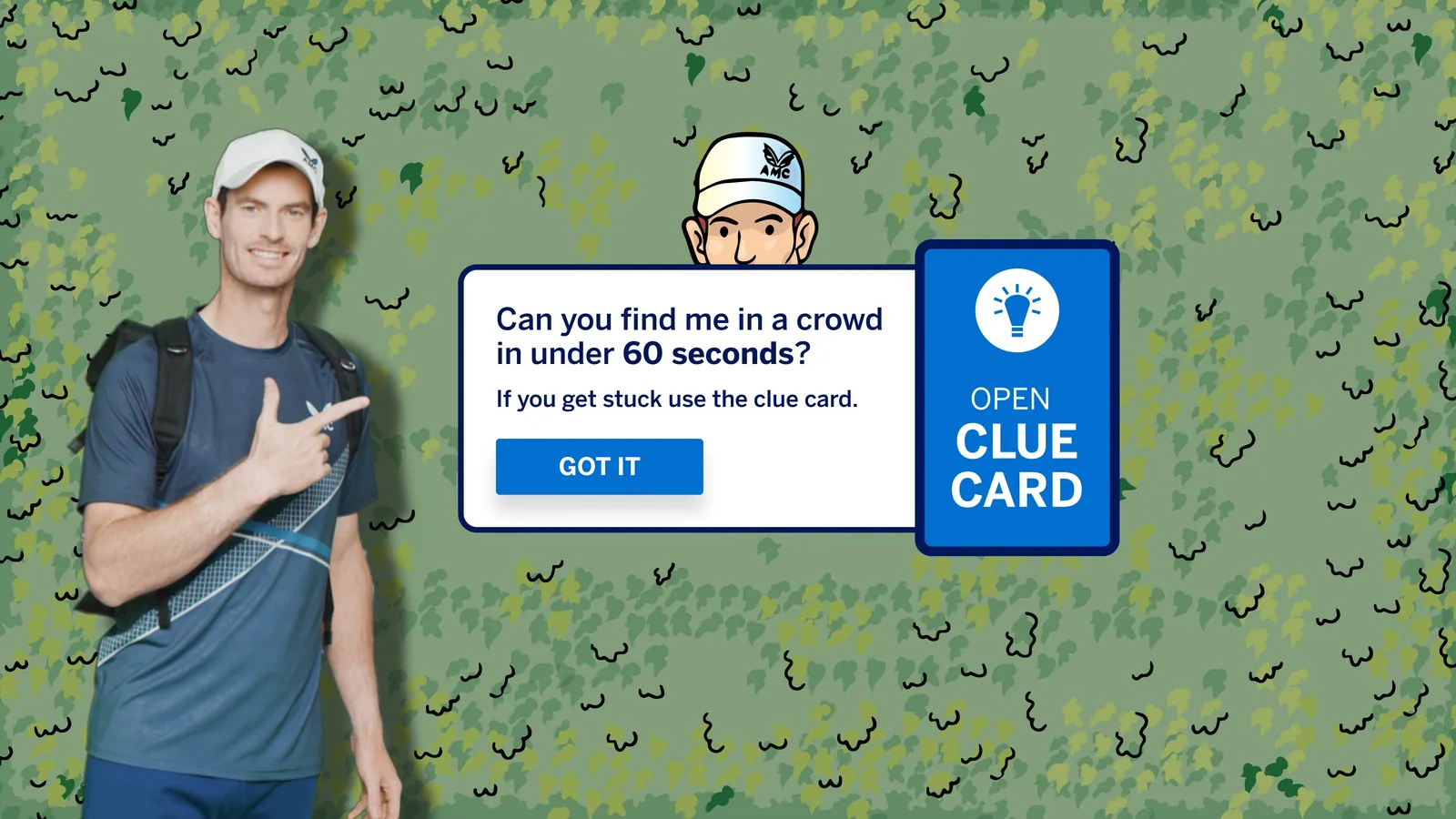 Instruction screen: Andy Murray points to a card asking whether you can find him in a crowd in under 60 seconds, with a clue card button