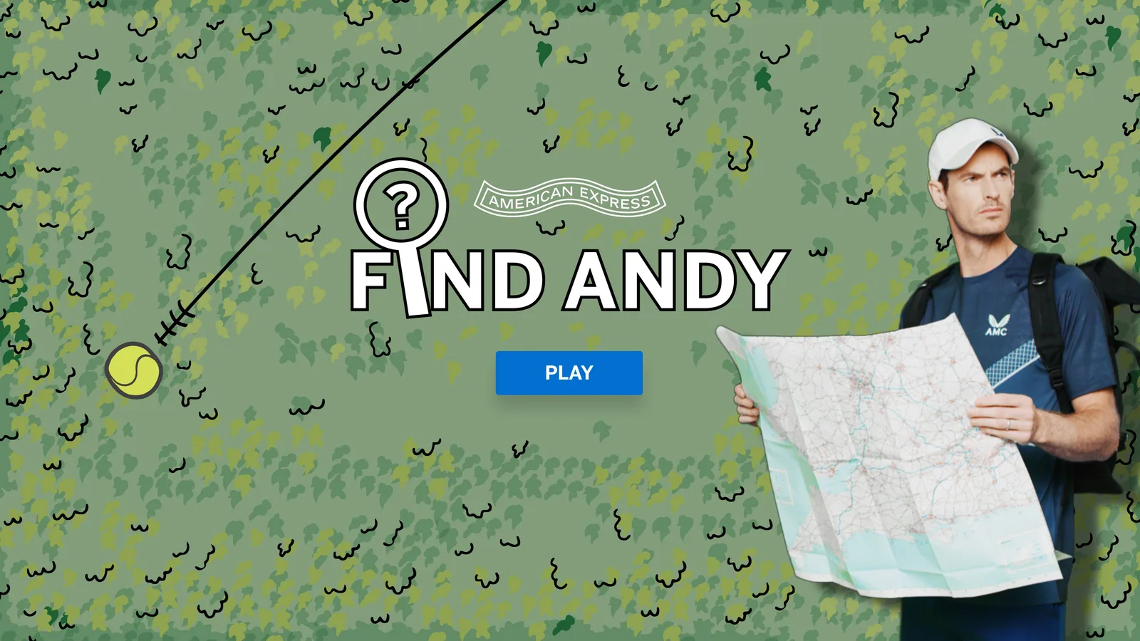 Find Andy start screen: the logo and a Play button on a leafy green pattern, with Andy Murray holding a map on the right