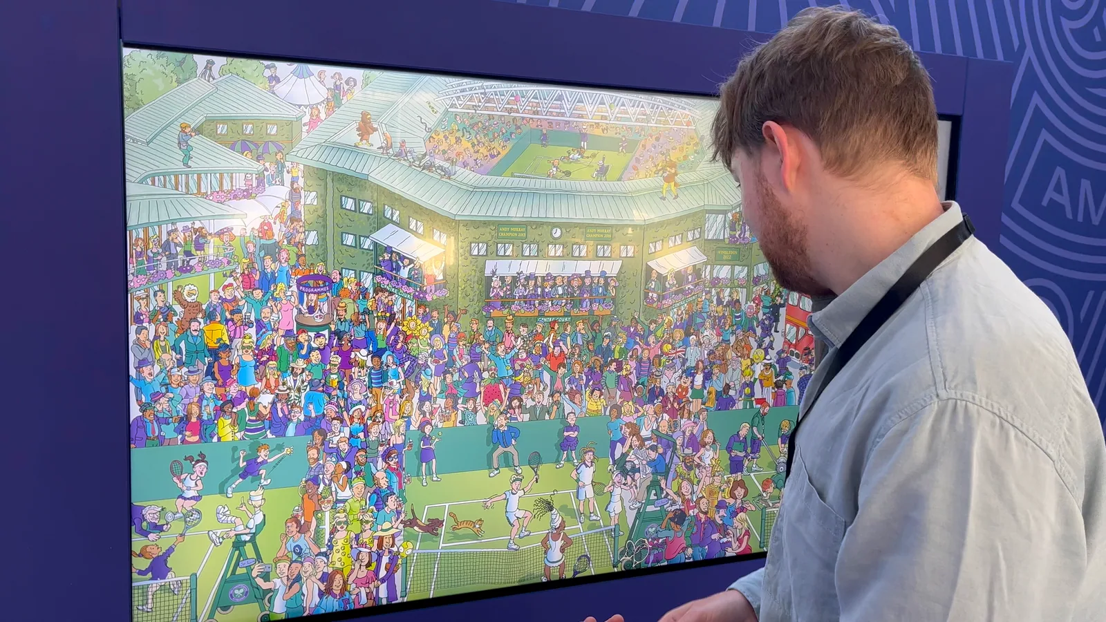 A player searching a crowded illustrated map of the Wimbledon grounds on the Find Andy touchscreen, with a countdown timer at the side