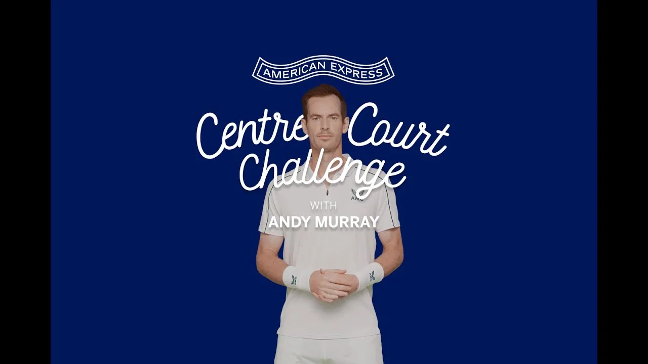 Film still: Andy Murray in front of the Centre Court Challenge title on American Express blue