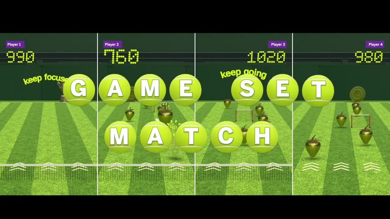 Film still: four lanes of Centre Court Challenge spelling out Game, Set, Match in tennis balls