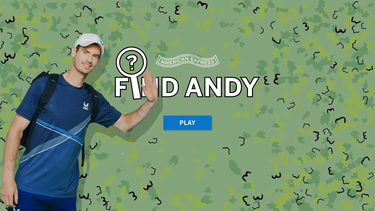Film still: the Find Andy start screen, with Andy Murray waving beside the Play button
