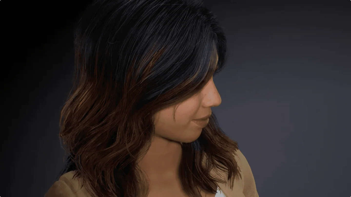 EVE in profile with her finished dark wavy hair