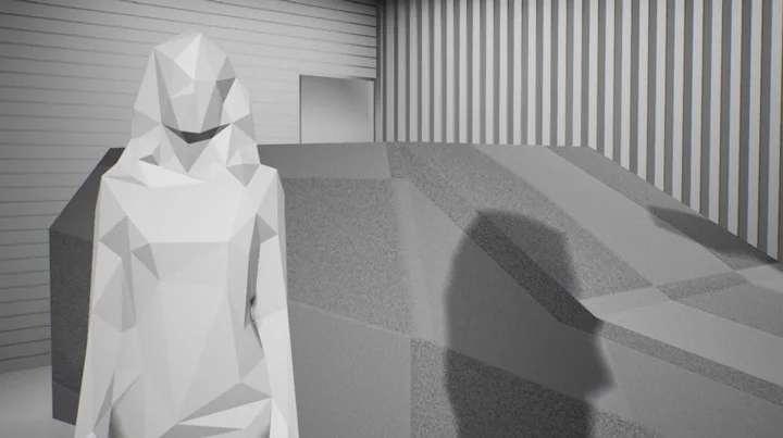 A low-poly grey mesh of EVE beside a blocked-out car, the first 3D pass