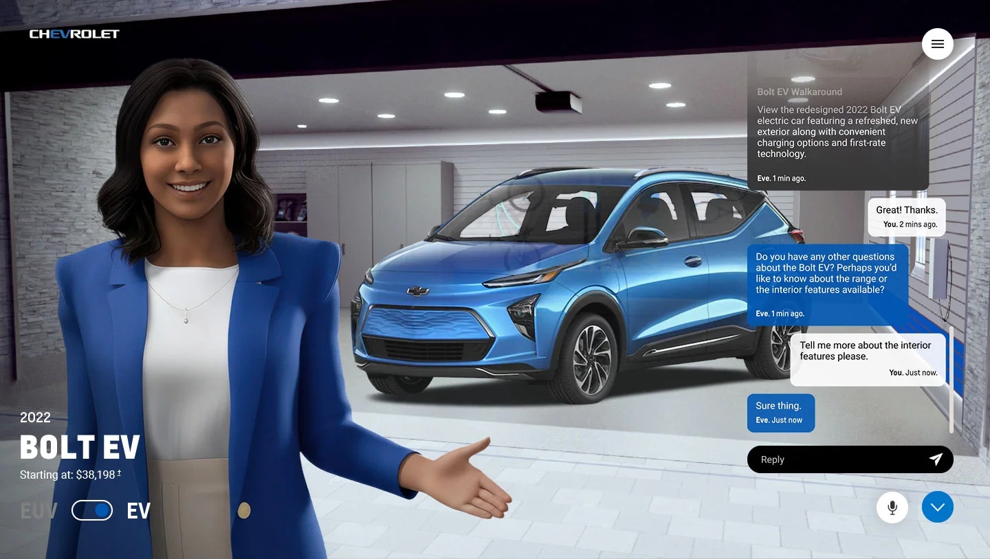 EVE gesturing towards the Bolt EV in a garage, with the conversation transcript in blue bubbles on the right and a reply field below