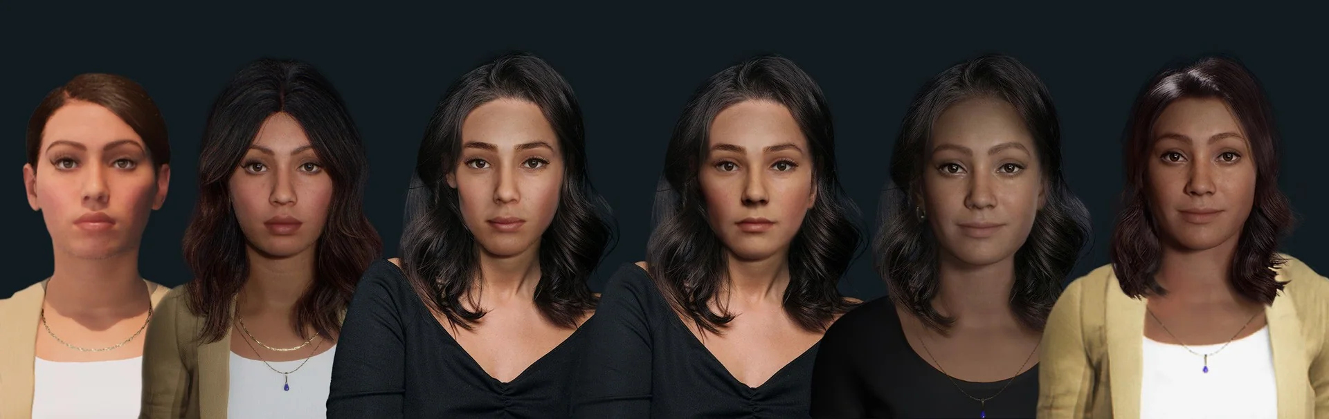 Six variations of EVE’s face and hair, from early MetaHuman tests to the final look