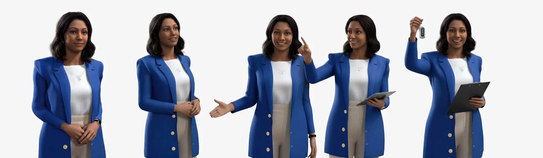 EVE from the waist up in five poses: standing, gesturing, presenting and holding a tablet