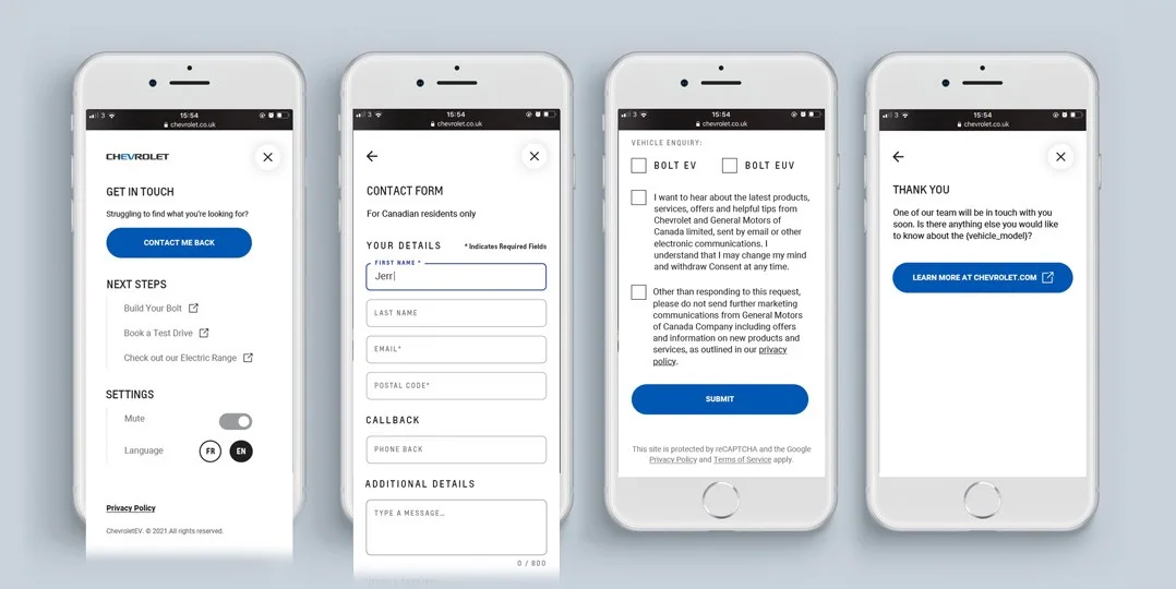 Four mobile screens: get in touch, the contact form, choosing between Bolt EV and EUV, and the thank-you screen