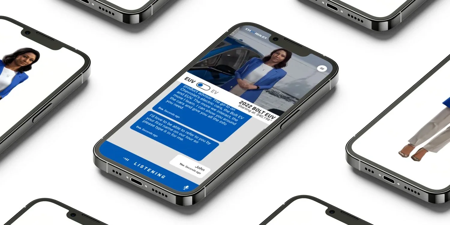 Several phones showing the mobile version: EVE beside the Bolt EV with the chat below, and the listening state