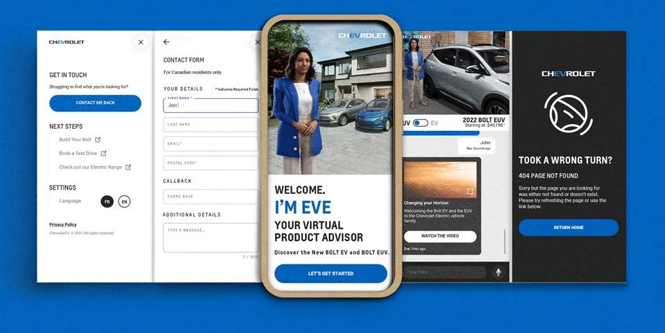 Desktop, phone and error screens from the experience laid out on a Chevrolet-blue background