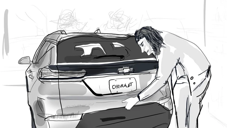 A pencil sketch of EVE opening the boot of the Bolt