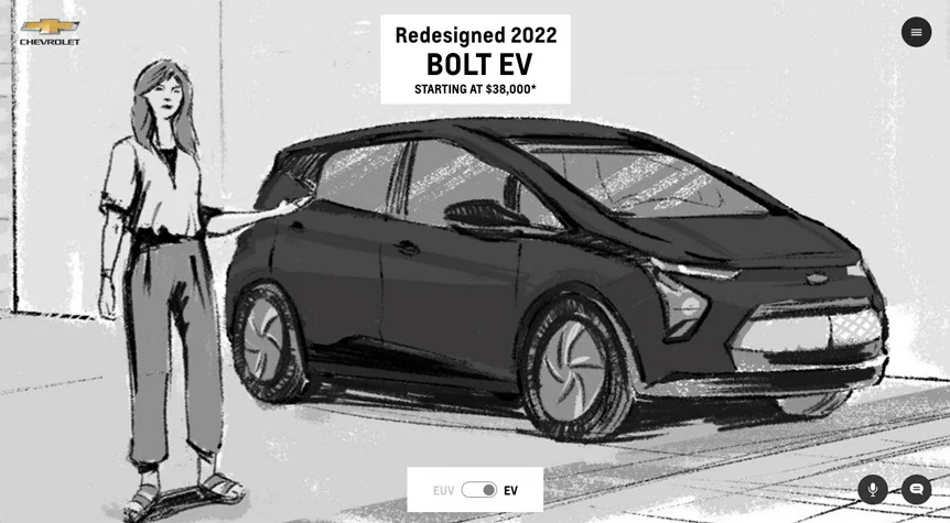 A sketched EVE beside a sketched Bolt EV inside an early interface layout, with the EV / EUV toggle