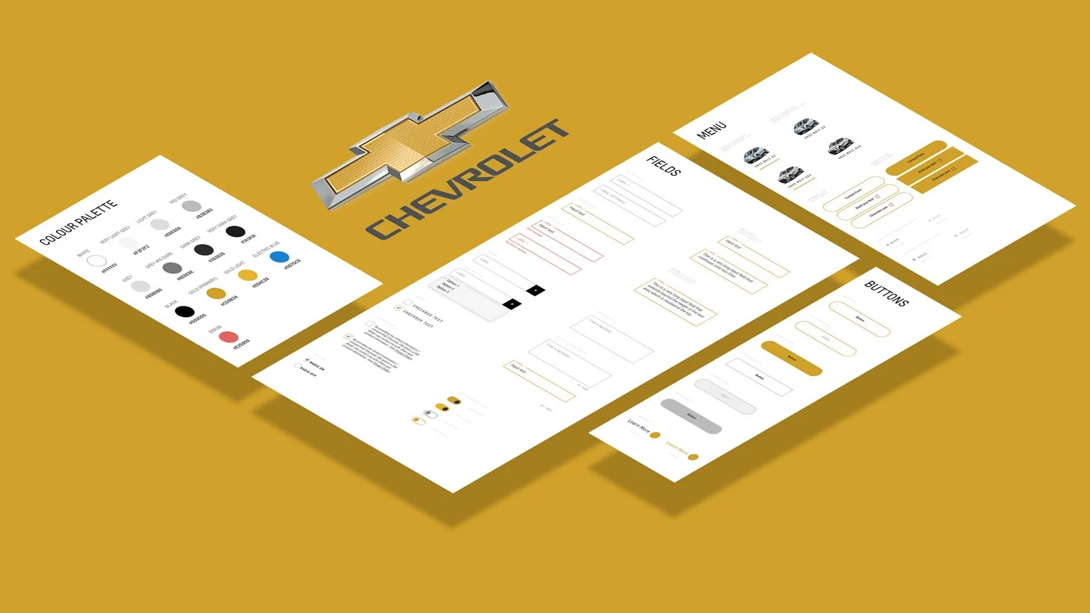 Design-system boards in Chevrolet’s original gold identity: colour palette, menus, buttons and layouts