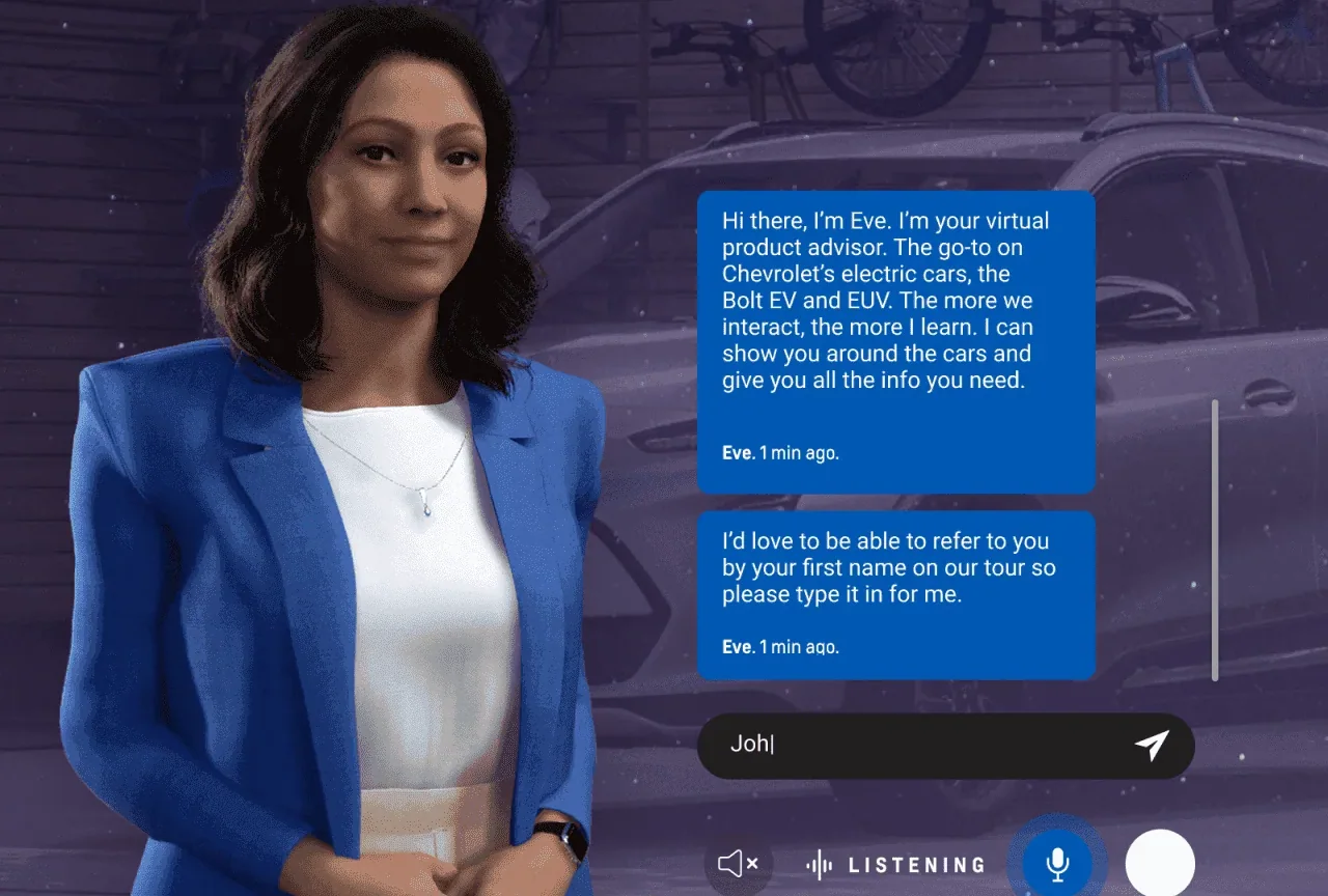 Close-up of EVE in her blue blazer with the chat panel beside her: her greeting, a request for the visitor’s name, and the listening indicator