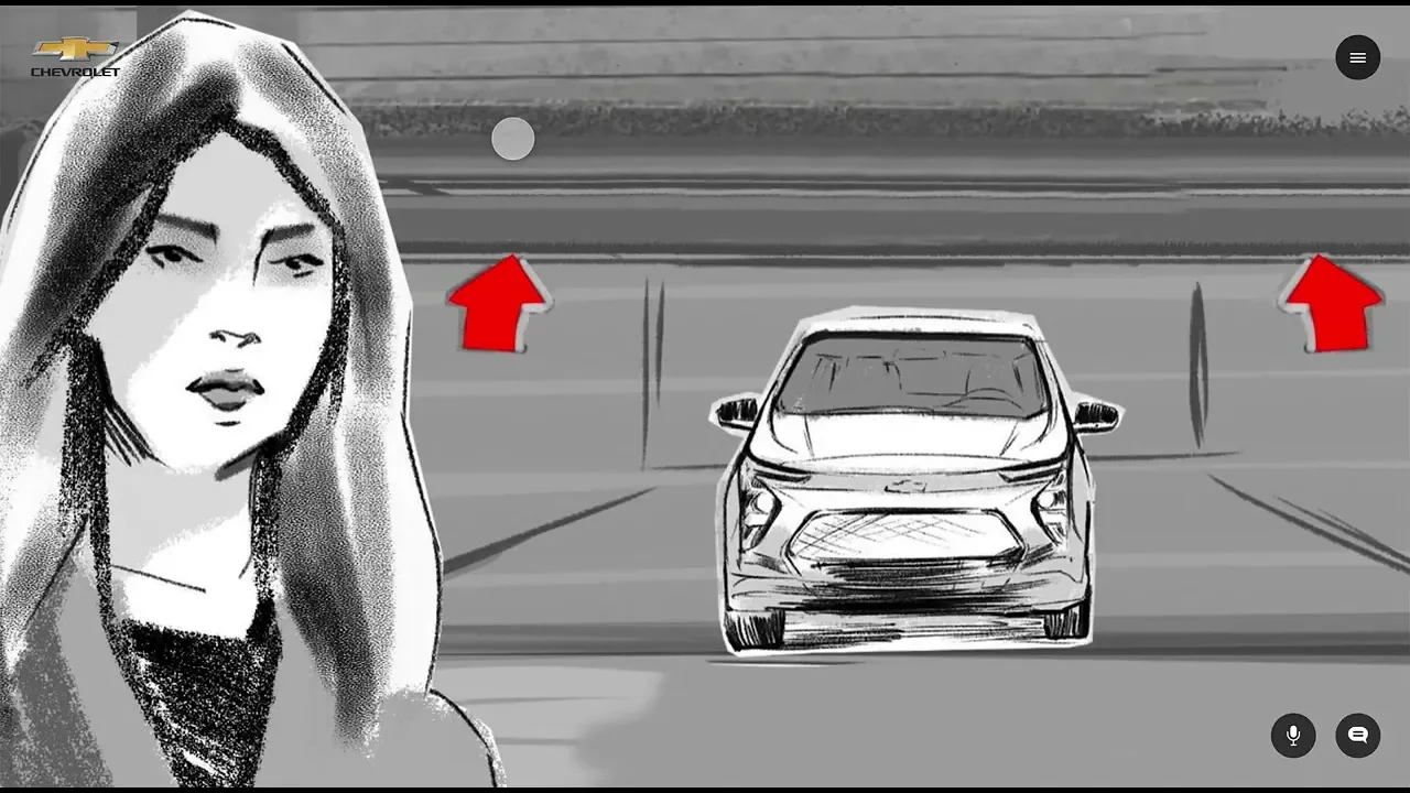 Film still: a sketched EVE beside the Bolt EUV, from the walkthrough of the experience