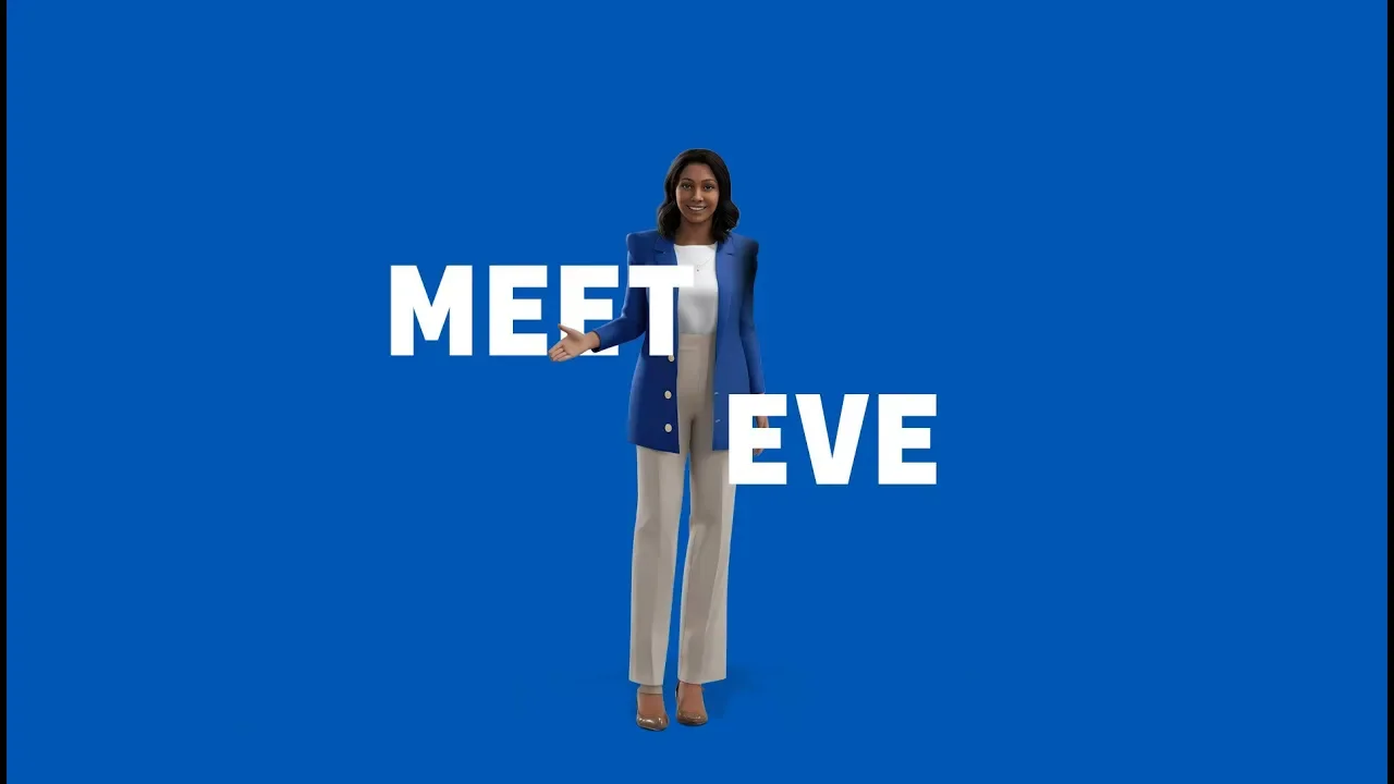 Film still: EVE on a Chevrolet-blue background with the words Meet EVE