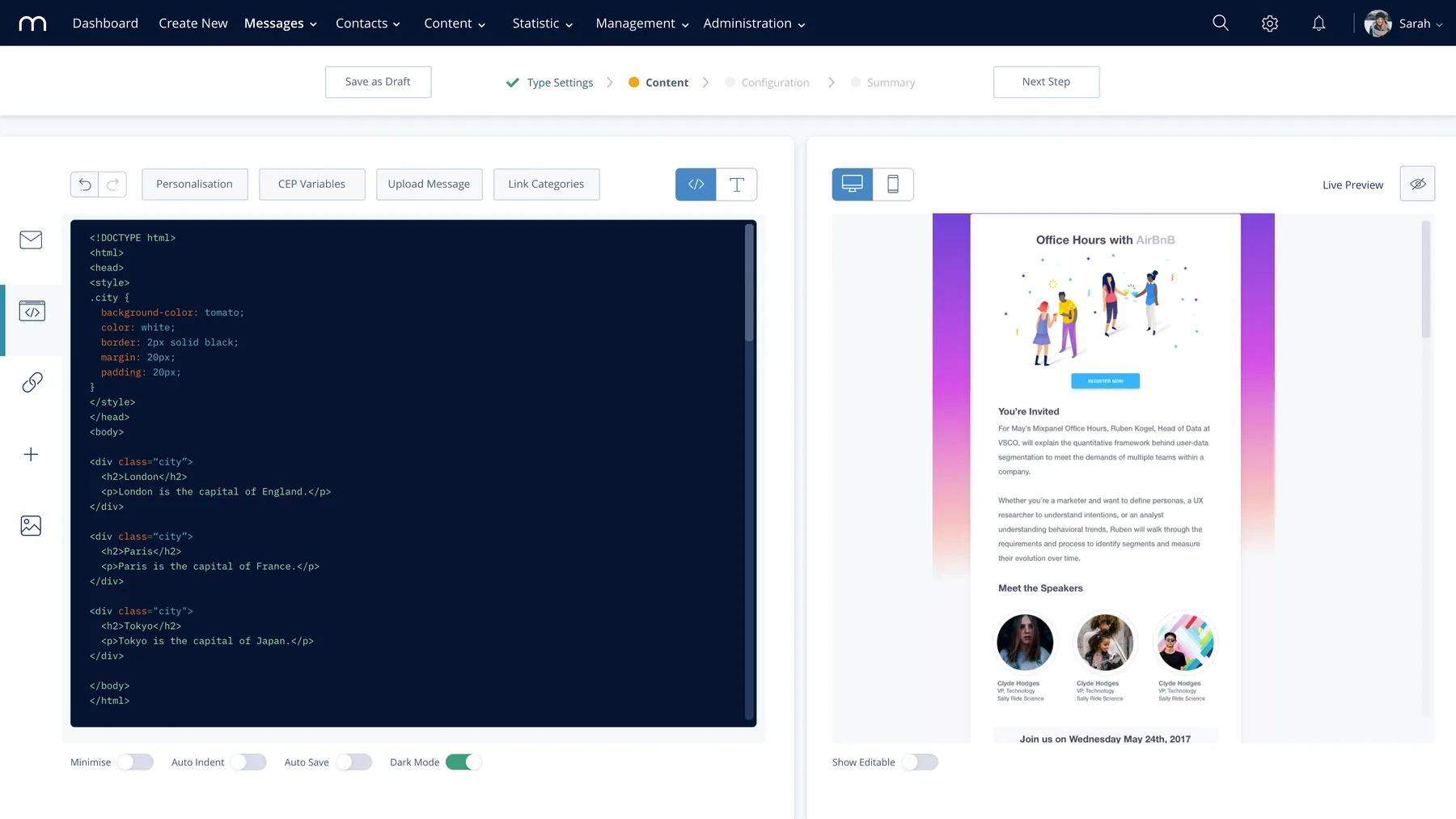 The HTML email editor in dark mode, code on the left and a live preview of the email on the right