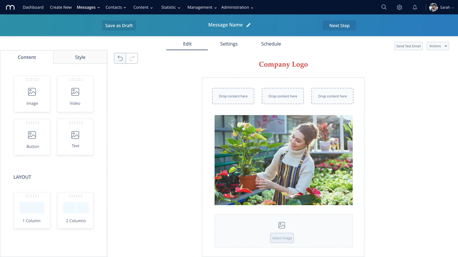 The drag-and-drop email composer: content blocks in a left panel, the email taking shape on a central canvas, and tabs for edit, settings and schedule