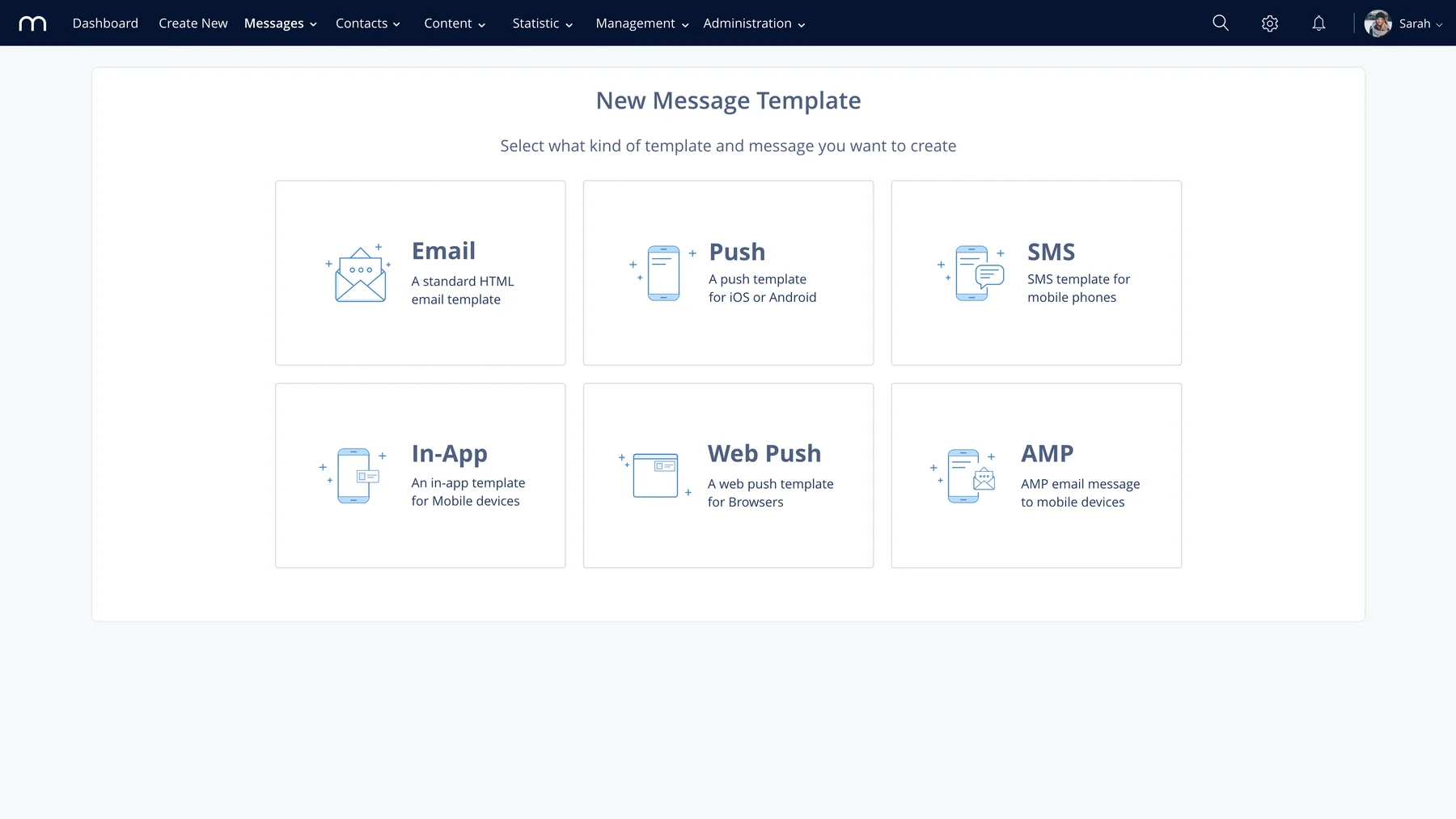 The Create New screen offering message types as large tiles: email, push, SMS, in-app, web push and AMP