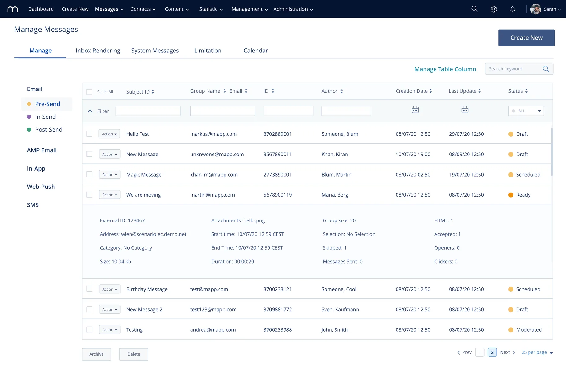 The Manage Messages table with a message row expanded to show its details, filters for channel and status down the left