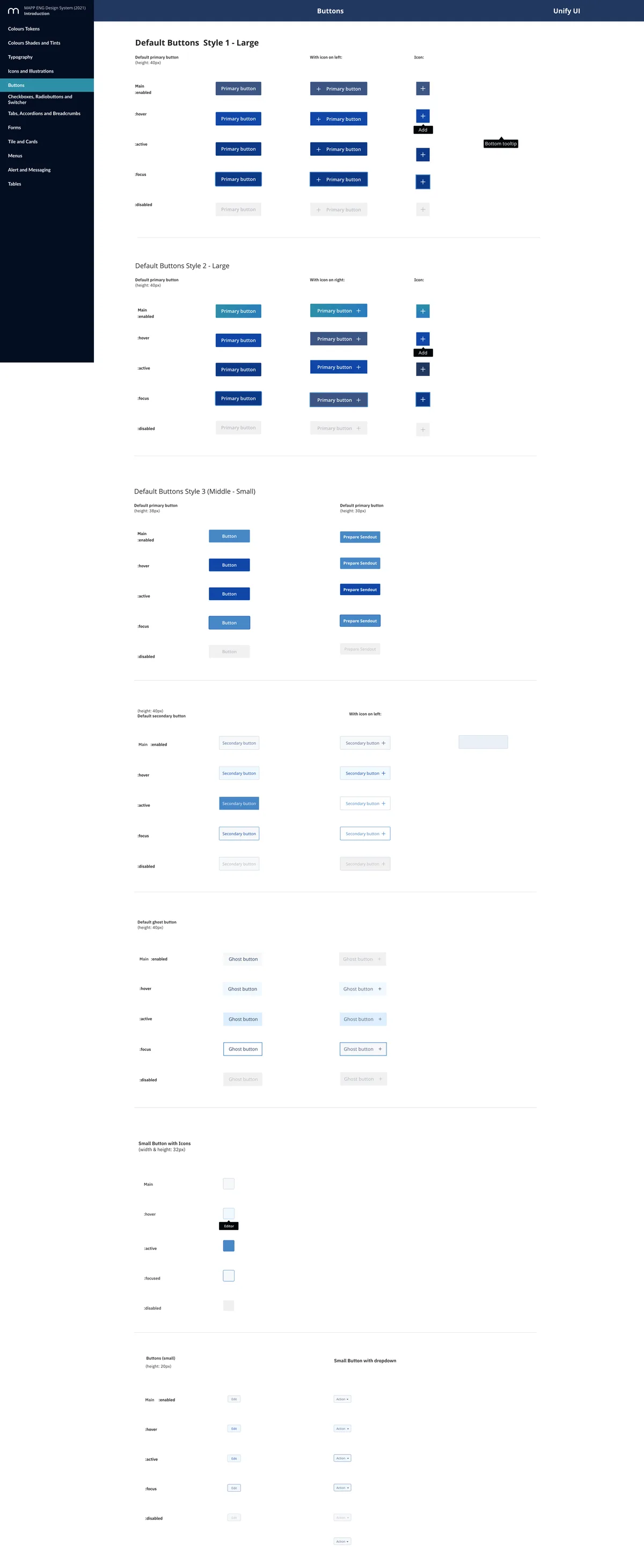 Design-system page for buttons: primary, secondary and tertiary styles in every state and size