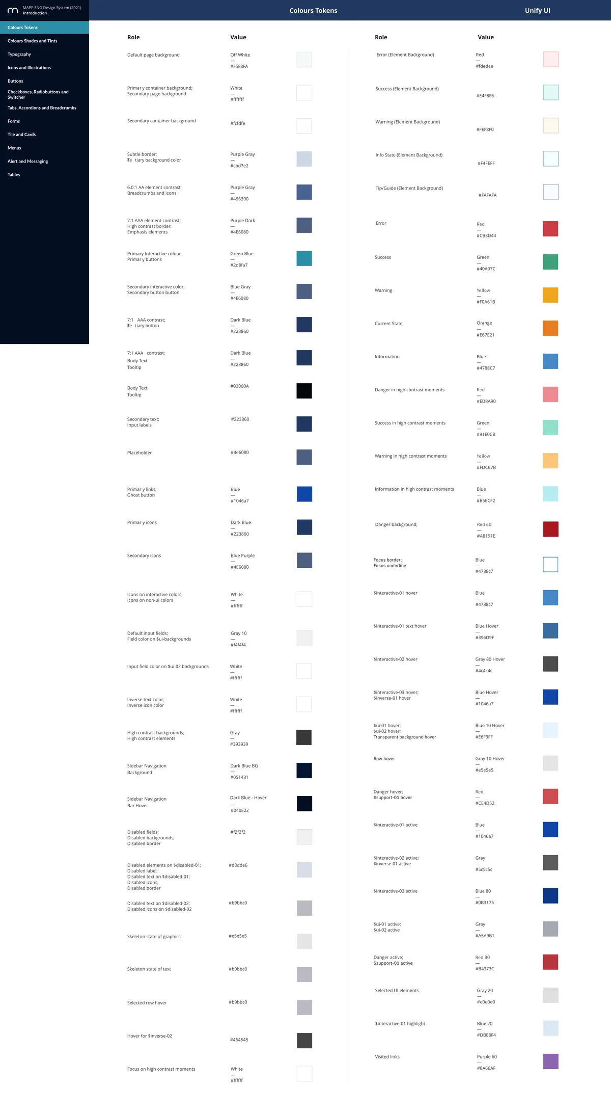 Design-system page of colour tokens: named swatches for brand, neutral and semantic colours with their values