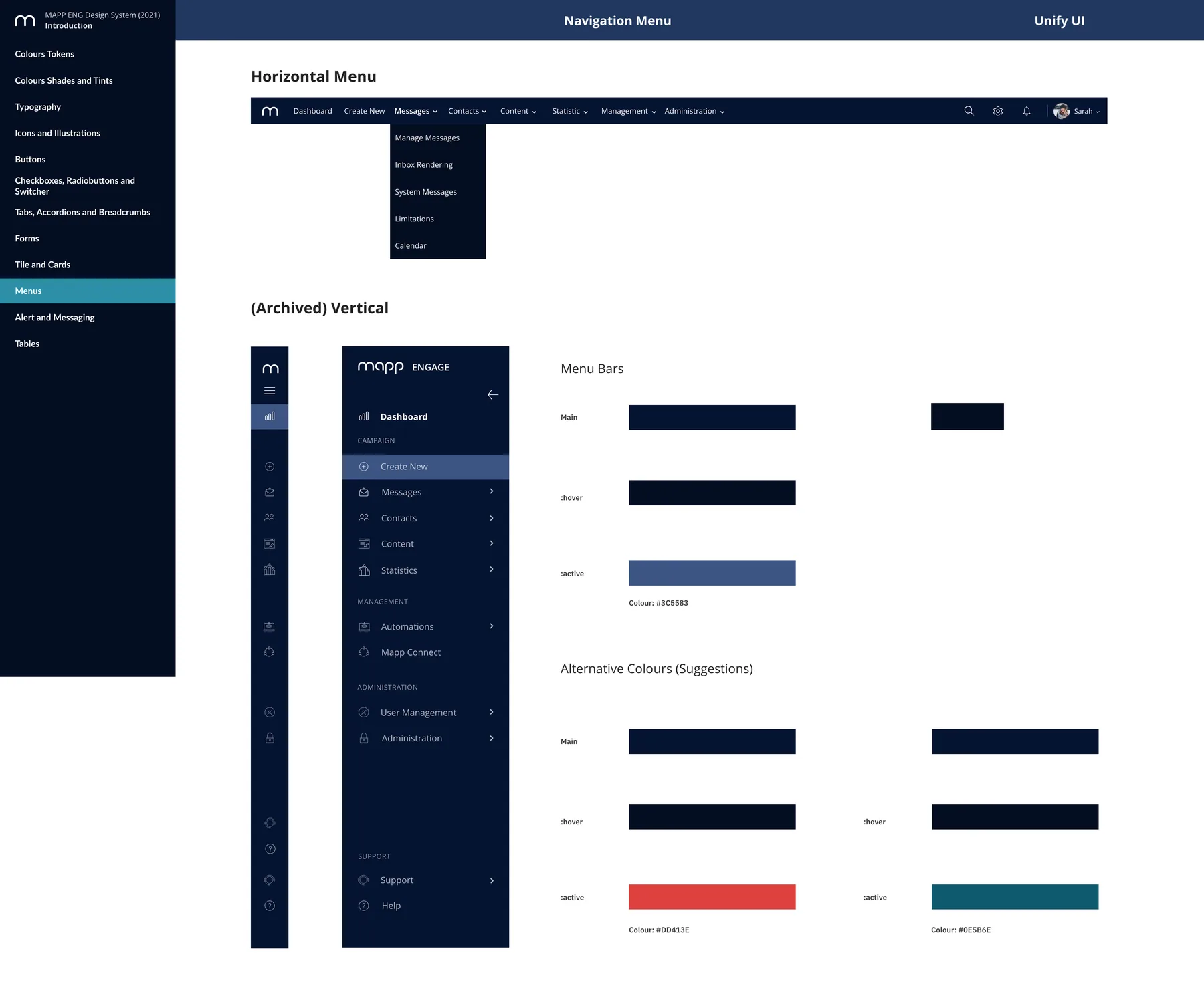 Design-system page for the navigation menu: the dark sidebar with its sections, and the horizontal top bar, with alternative colour suggestions