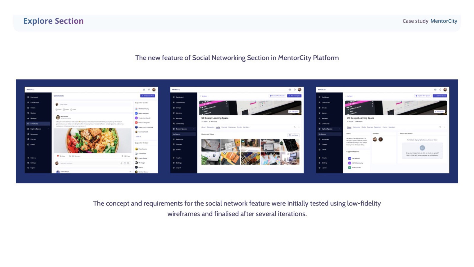The new Explore Section in MentorCity — a community feed alongside spaces, members, and resources.