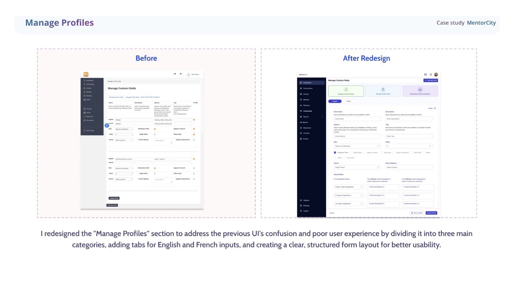 Manage Profiles redesign in MentorCity — three categories, language tabs, restructured form layout.