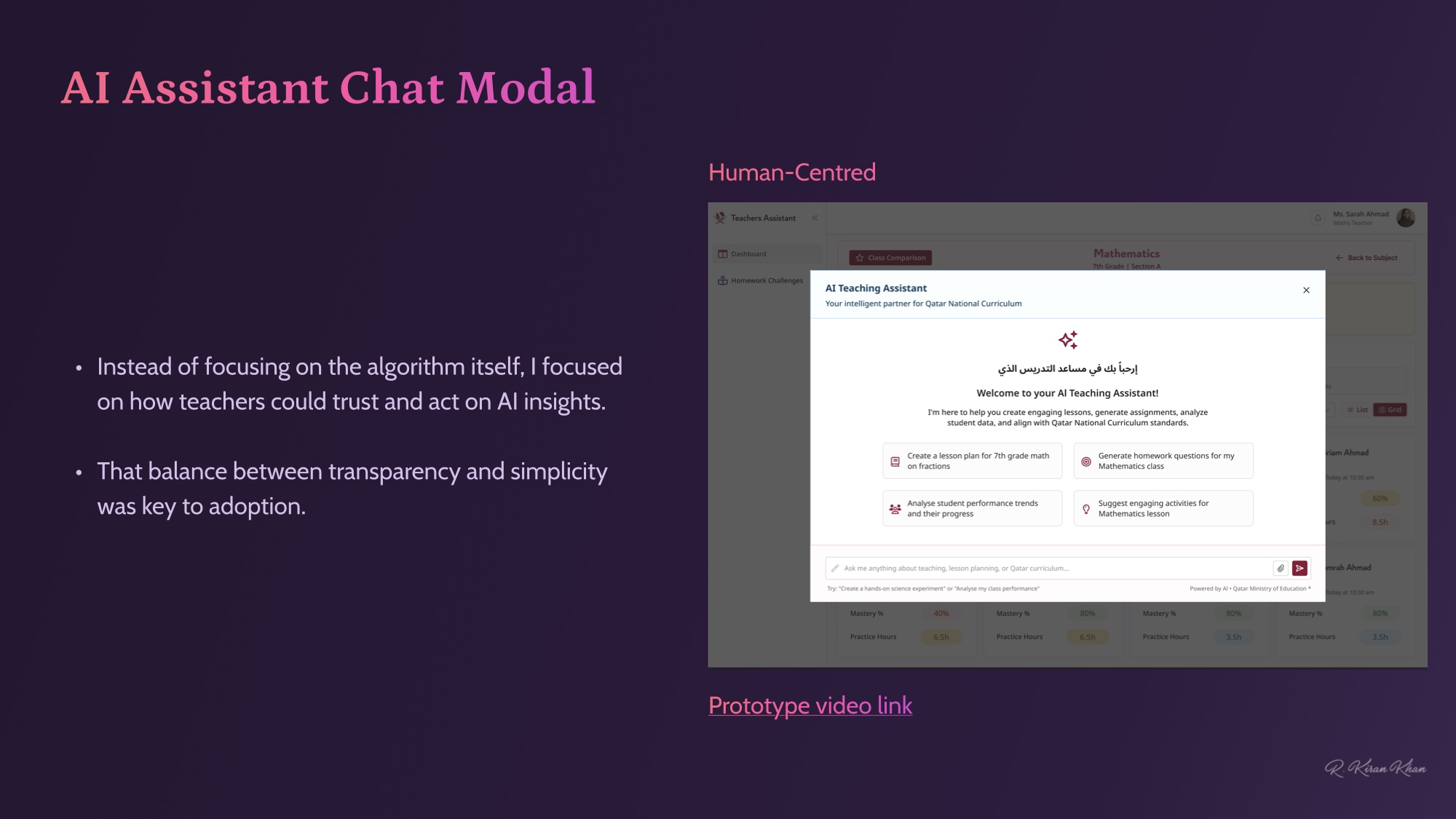 AI Assistant chat modal — bilingual Arabic / English greeting, quick action prompts for lesson planning, homework generation, student performance analysis, and engaging classroom activities.