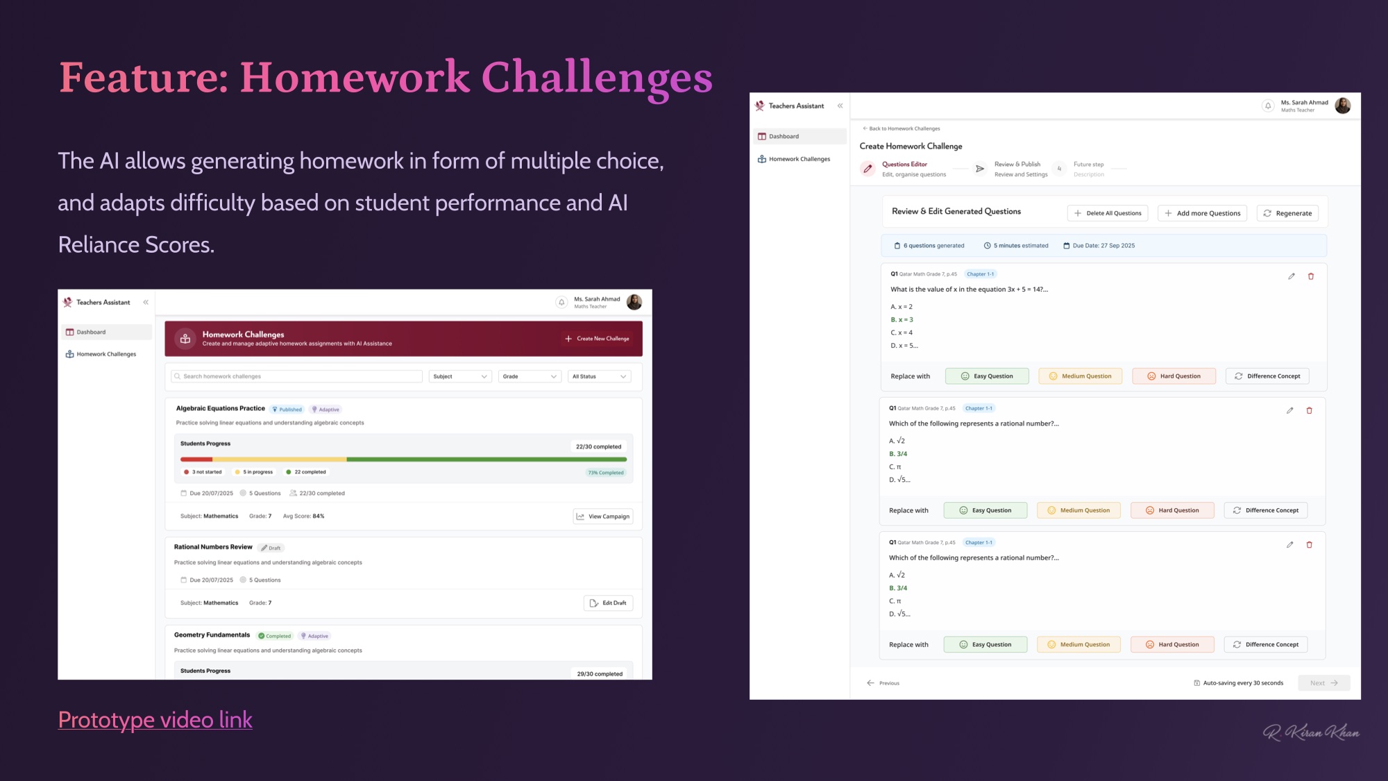 Homework Challenges feature — AI-generated multiple-choice homework with adaptive difficulty, sequencing, and AI reliance scoring.