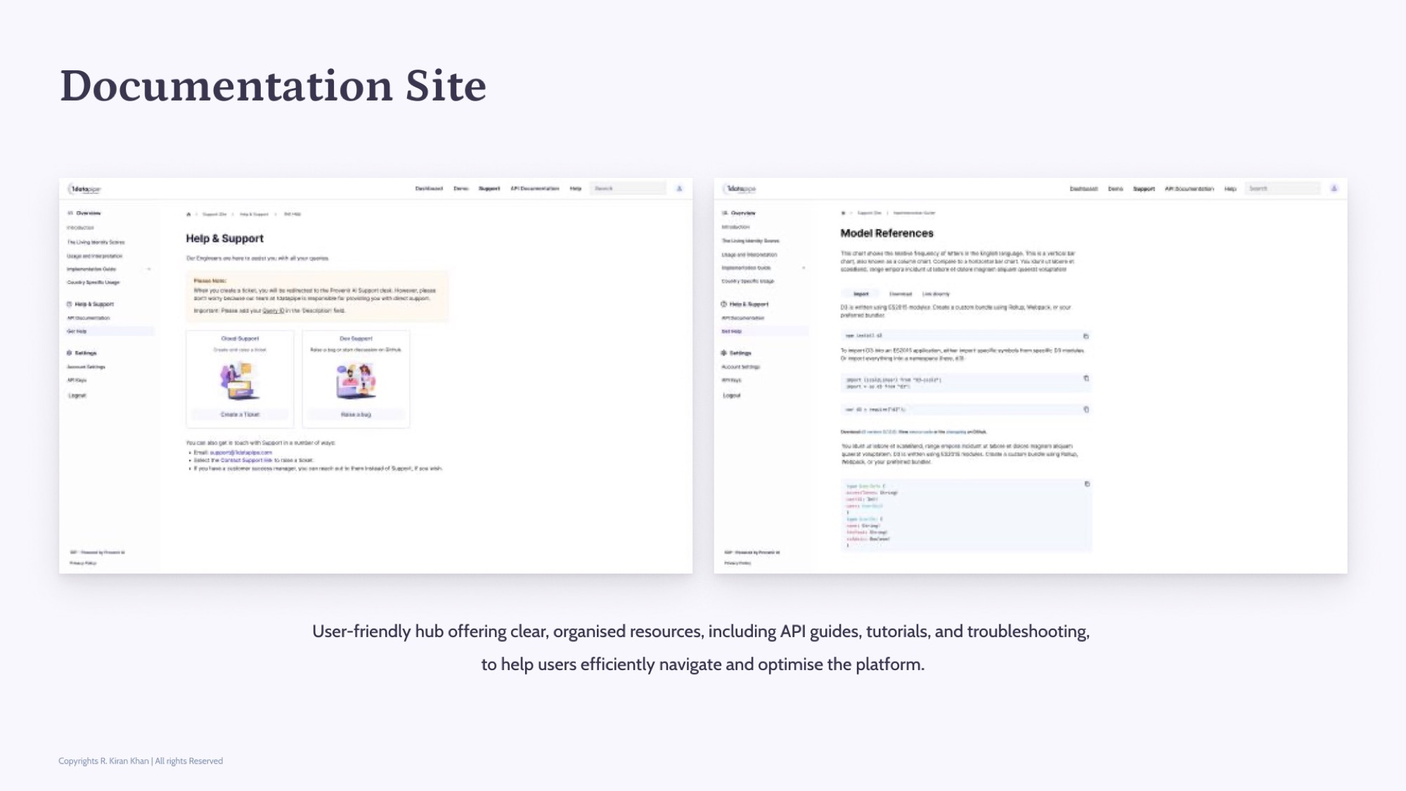 The documentation site — API guides, tutorials, troubleshooting in a clean, navigable hub.