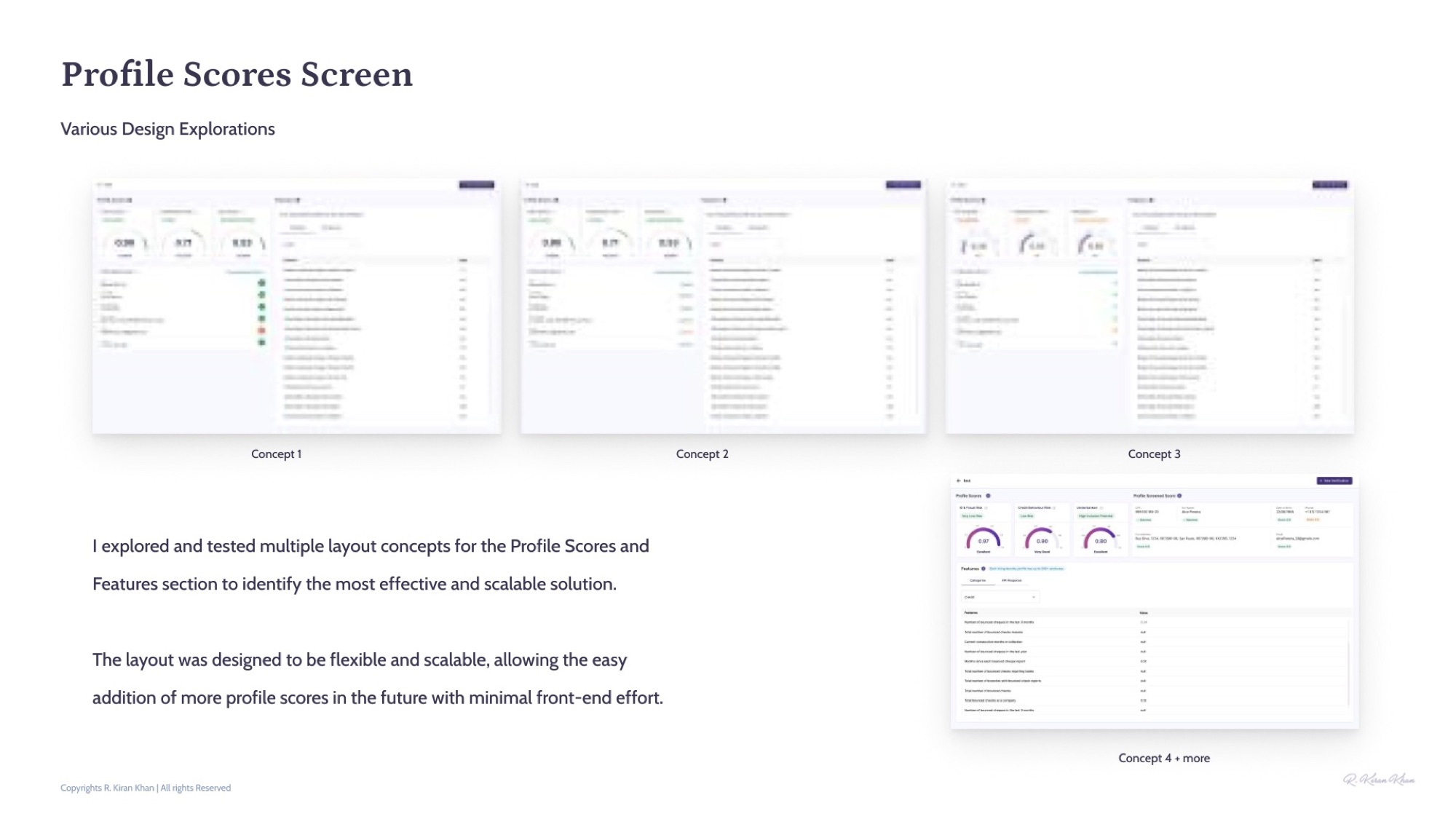 Multiple Profile Scores screen explorations — four layout concepts tested for scalability.