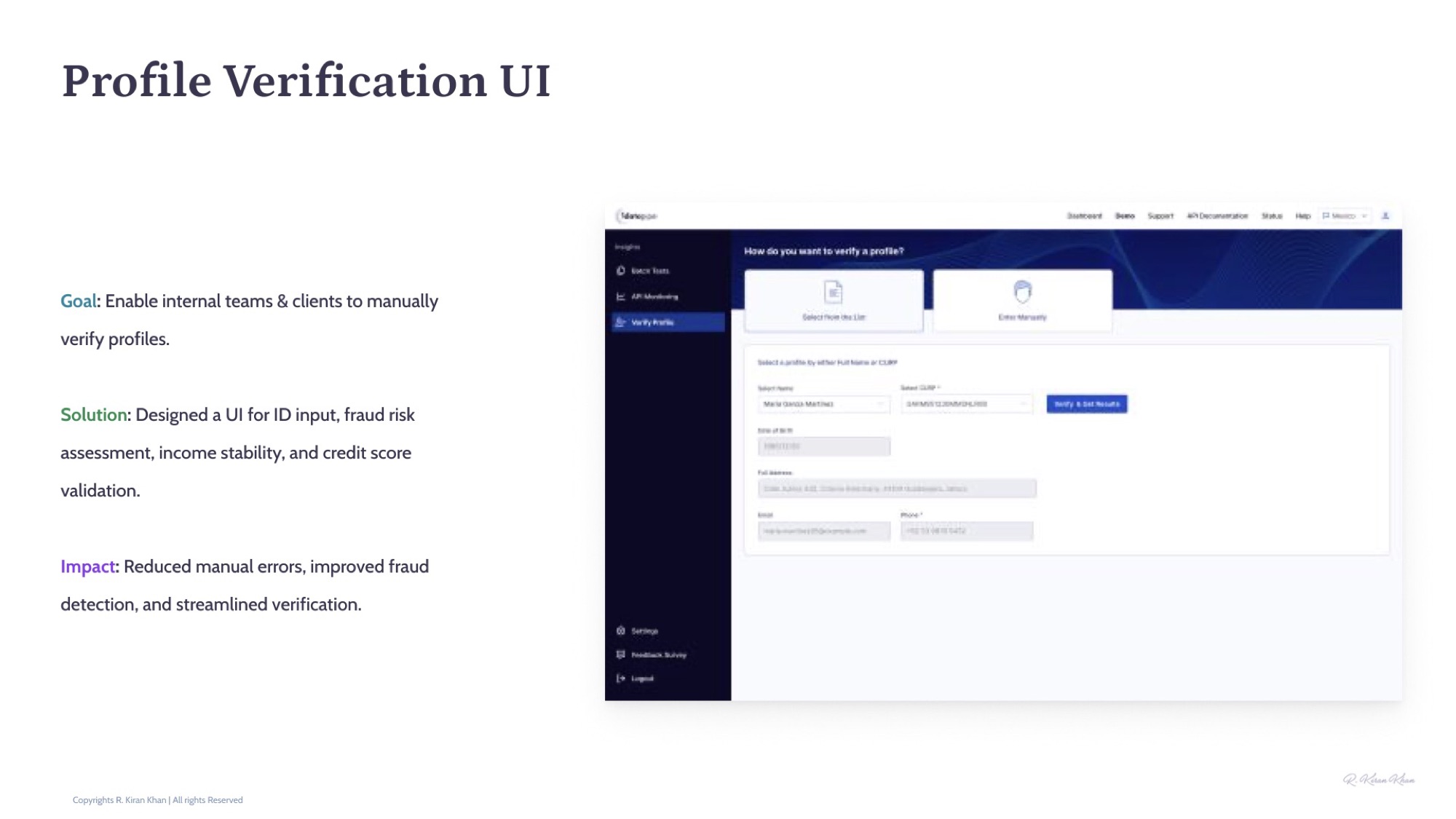 Profile Verification UI — ID input, fraud risk, income stability, credit score validation panels.
