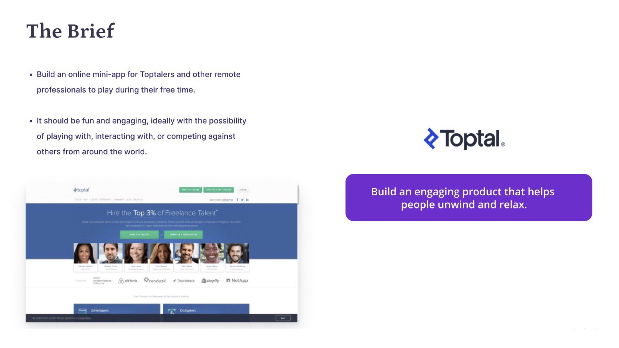The brief slide — build an engaging product that helps remote professionals unwind and relax.